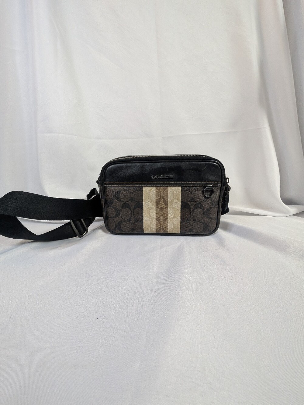 Coach Men's Signature Canvas Belt Bag with Center Stripe - Brown/Black